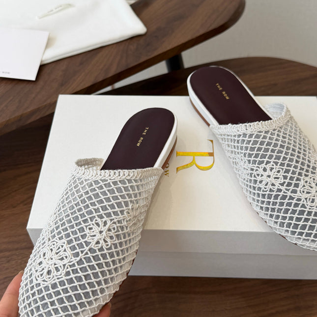 THE ROW 26S MULE FLATS IN WHITE CROCHET MESH
