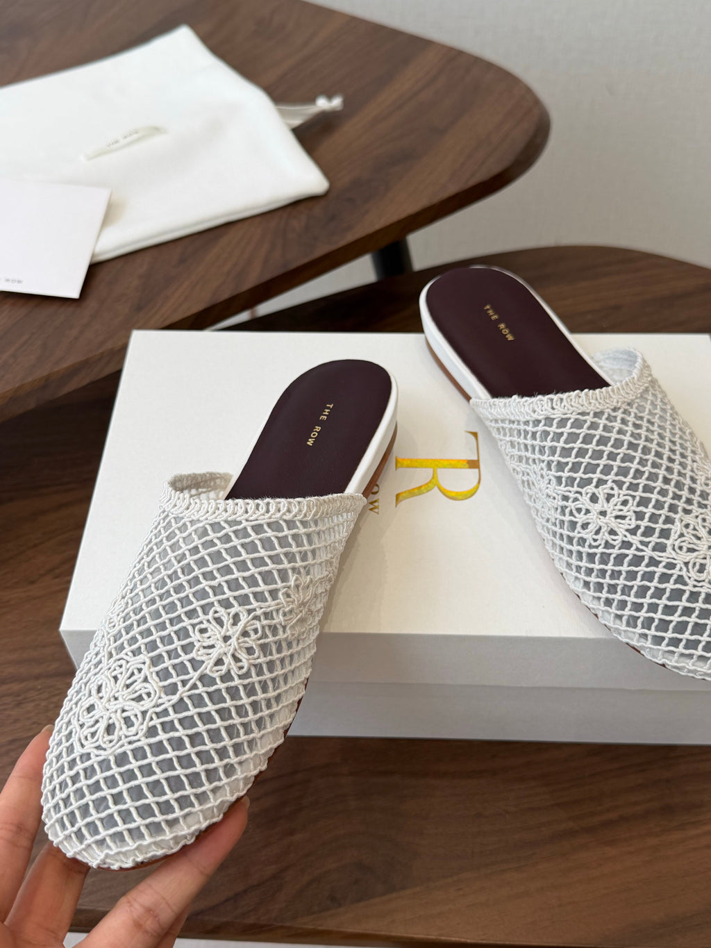 THE ROW 26S MULE FLATS IN WHITE CROCHET MESH