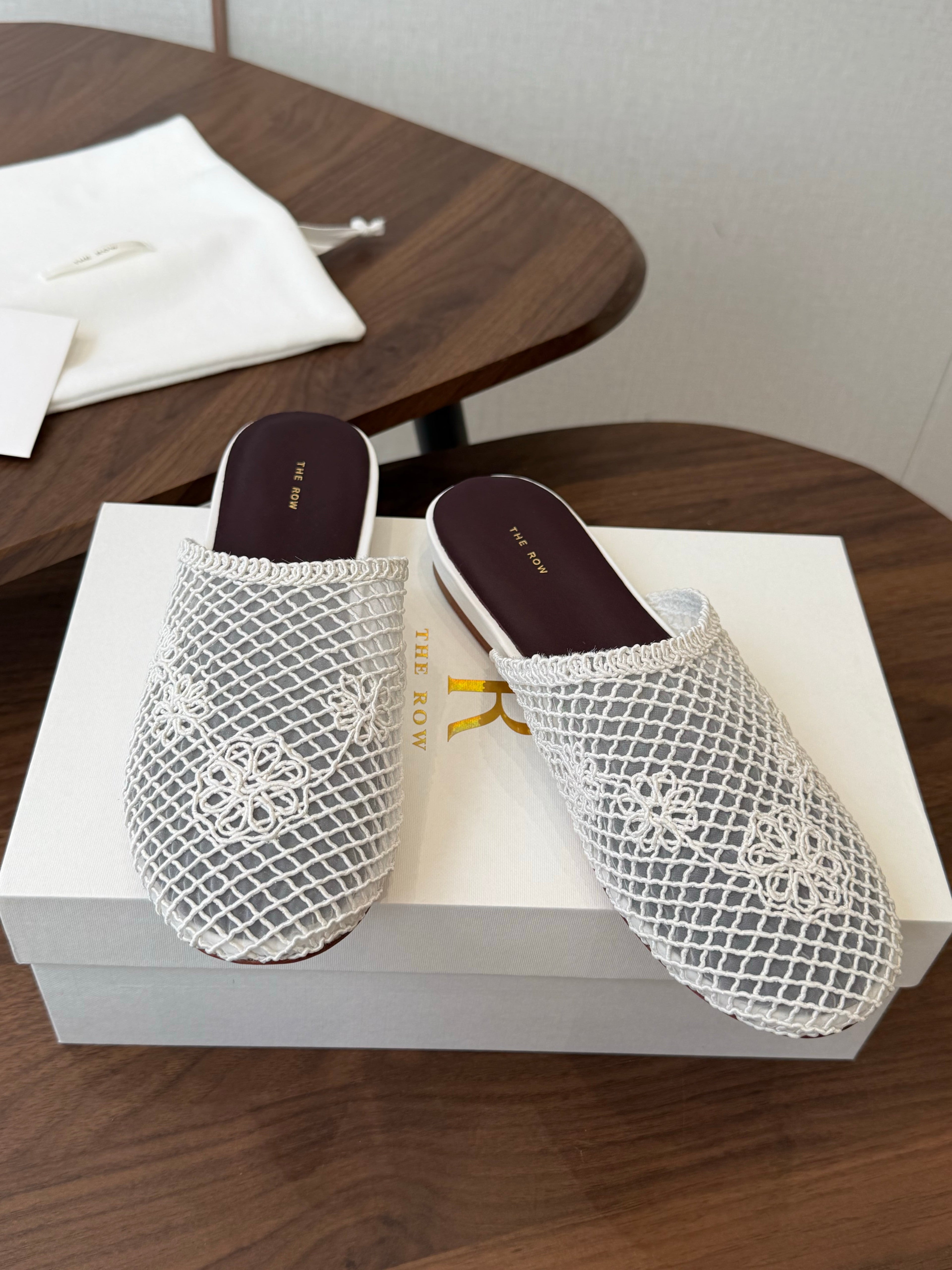 THE ROW 26S MULE FLATS IN WHITE CROCHET MESH