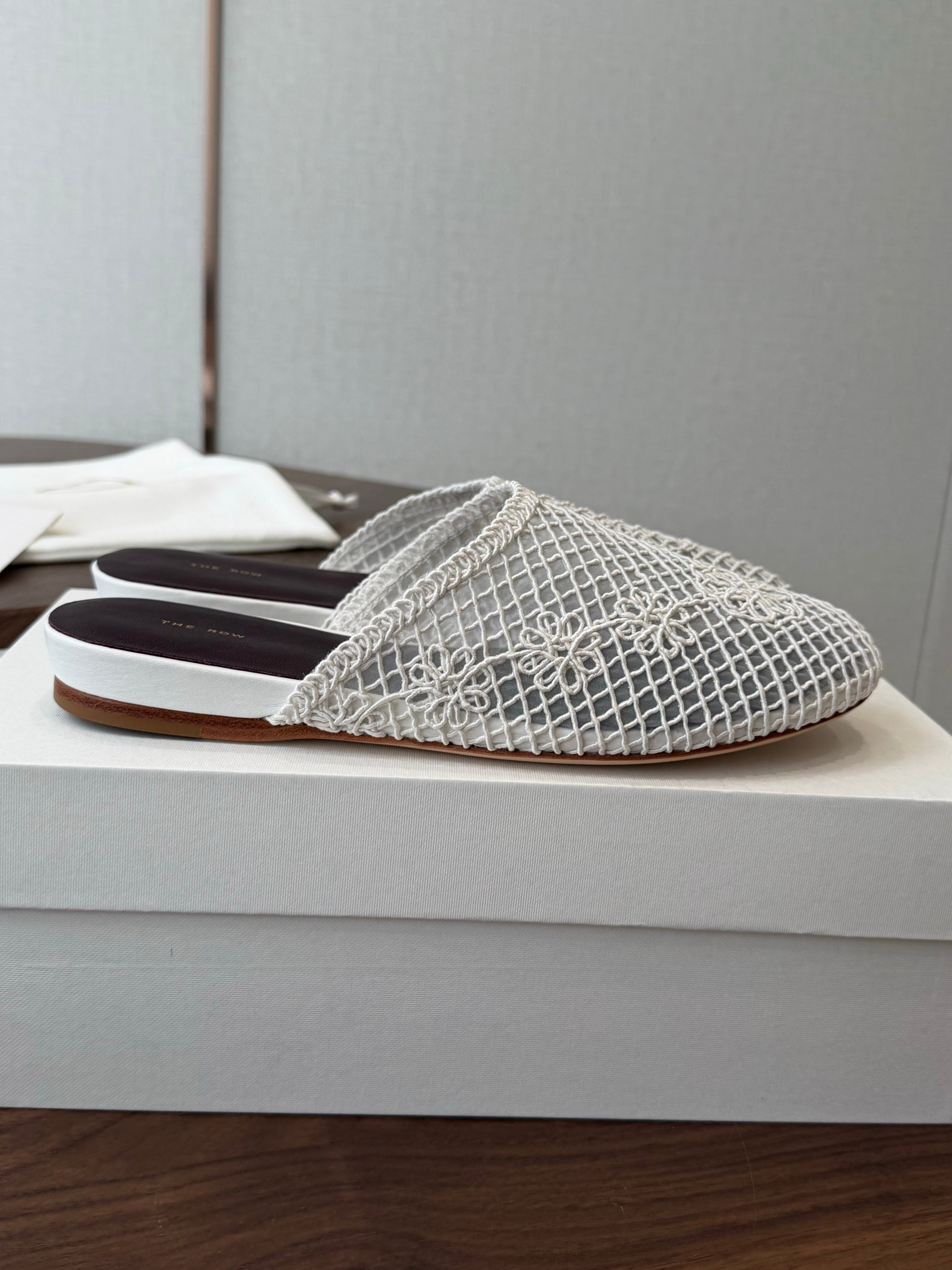 THE ROW 26S MULE FLATS IN WHITE CROCHET MESH