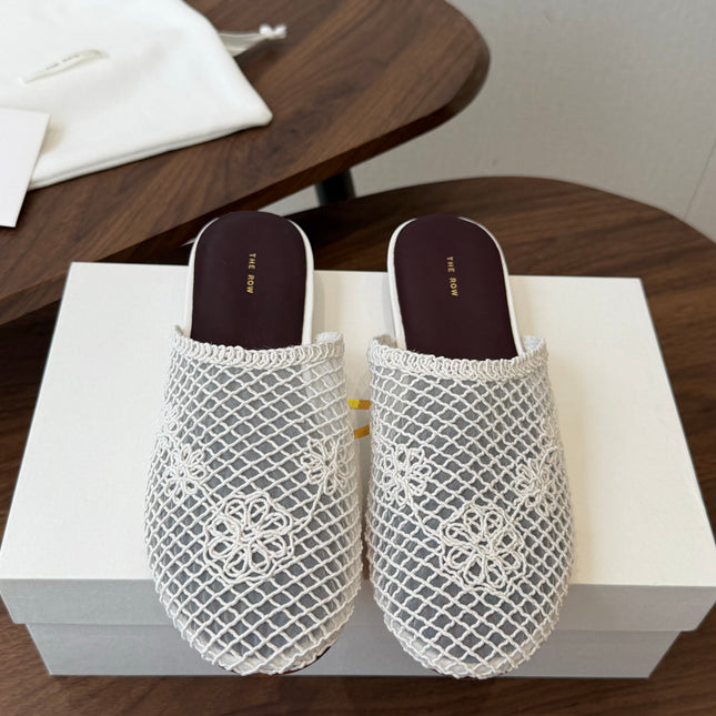 THE ROW 26S MULE FLATS IN WHITE CROCHET MESH