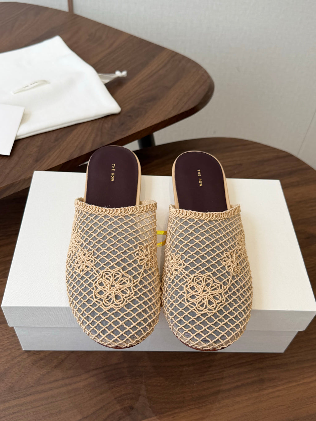 THE ROW 26S MULE FLATS IN BEIGE CROCHET MESH