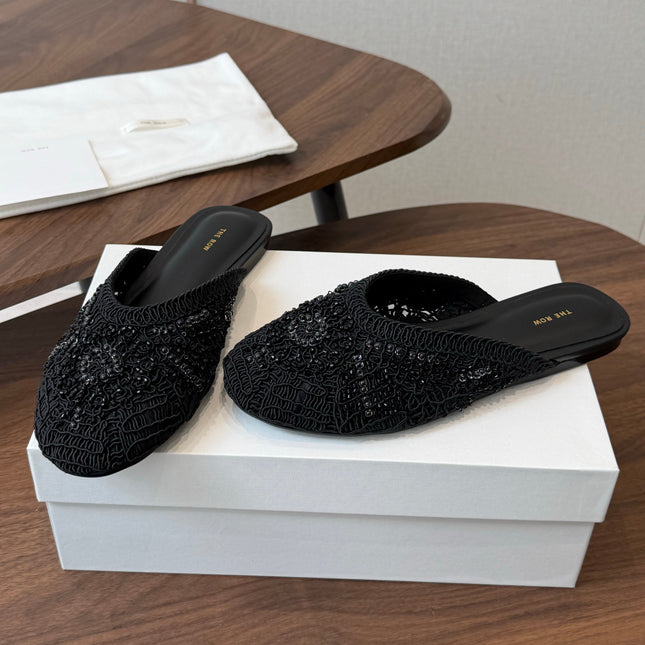 THE ROW 26S PEARL EMBELLISHED CROCHET MULE FLATS IN BLACK