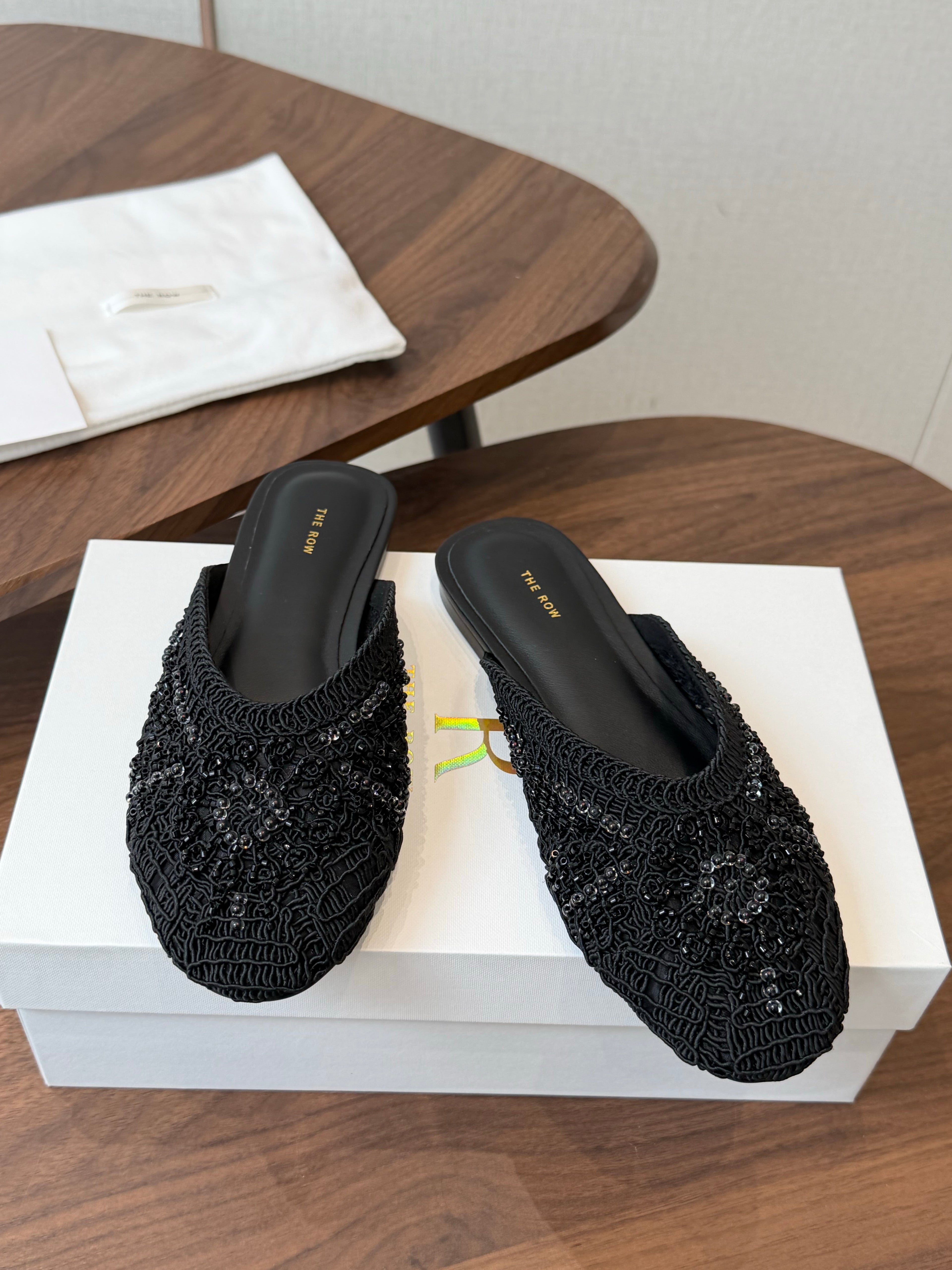 THE ROW 26S PEARL EMBELLISHED CROCHET MULE FLATS IN BLACK