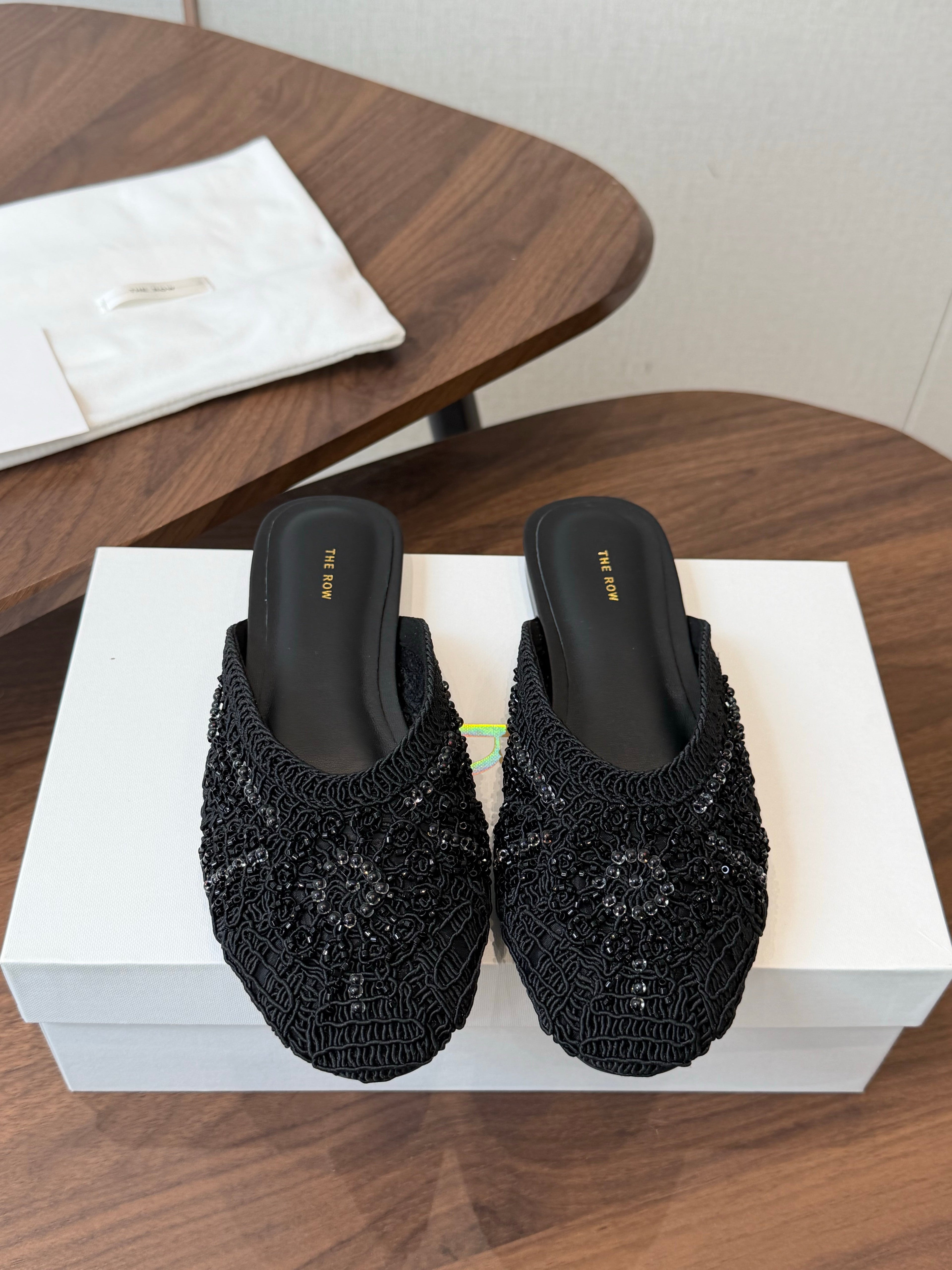 THE ROW 26S PEARL EMBELLISHED CROCHET MULE FLATS IN BLACK