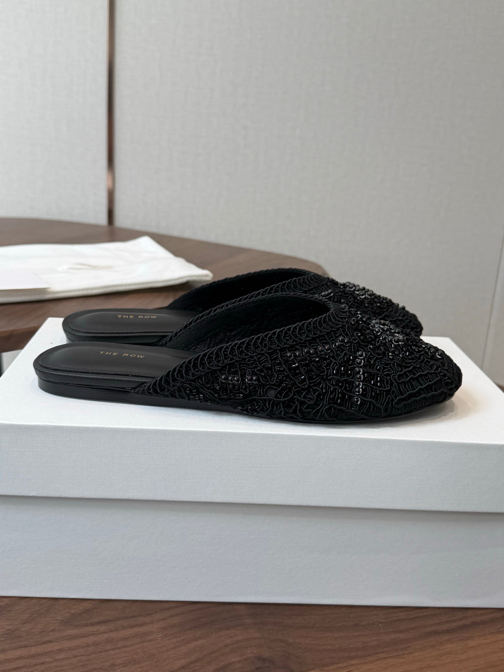 THE ROW 26S PEARL EMBELLISHED CROCHET MULE FLATS IN BLACK