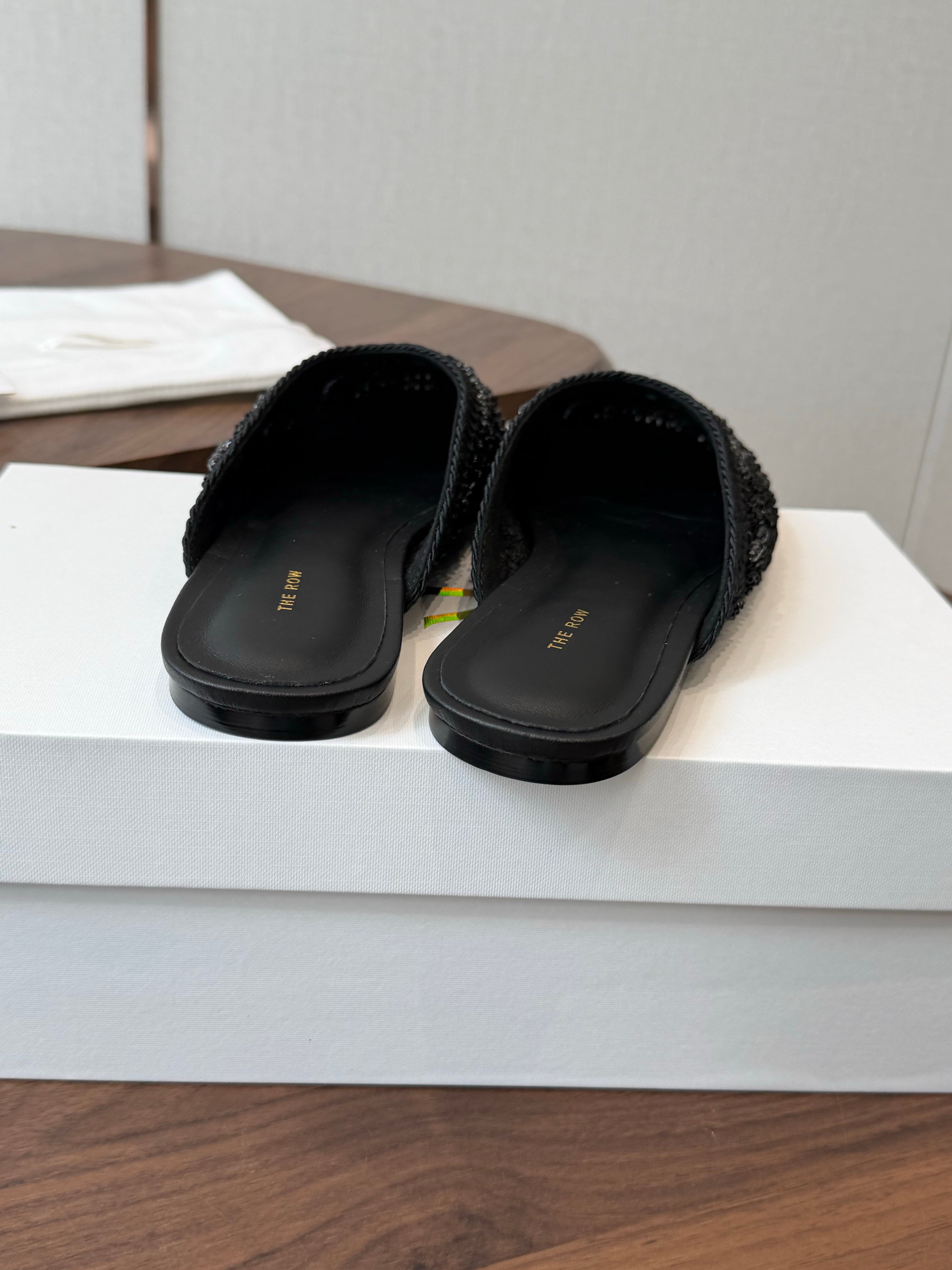 THE ROW 26S PEARL EMBELLISHED CROCHET MULE FLATS IN BLACK