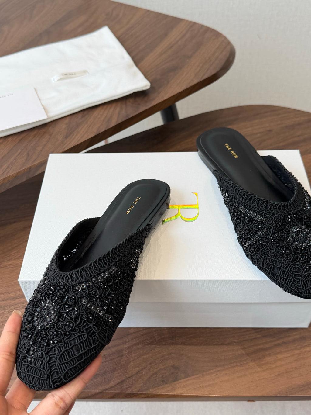 THE ROW 26S PEARL EMBELLISHED CROCHET MULE FLATS IN BLACK
