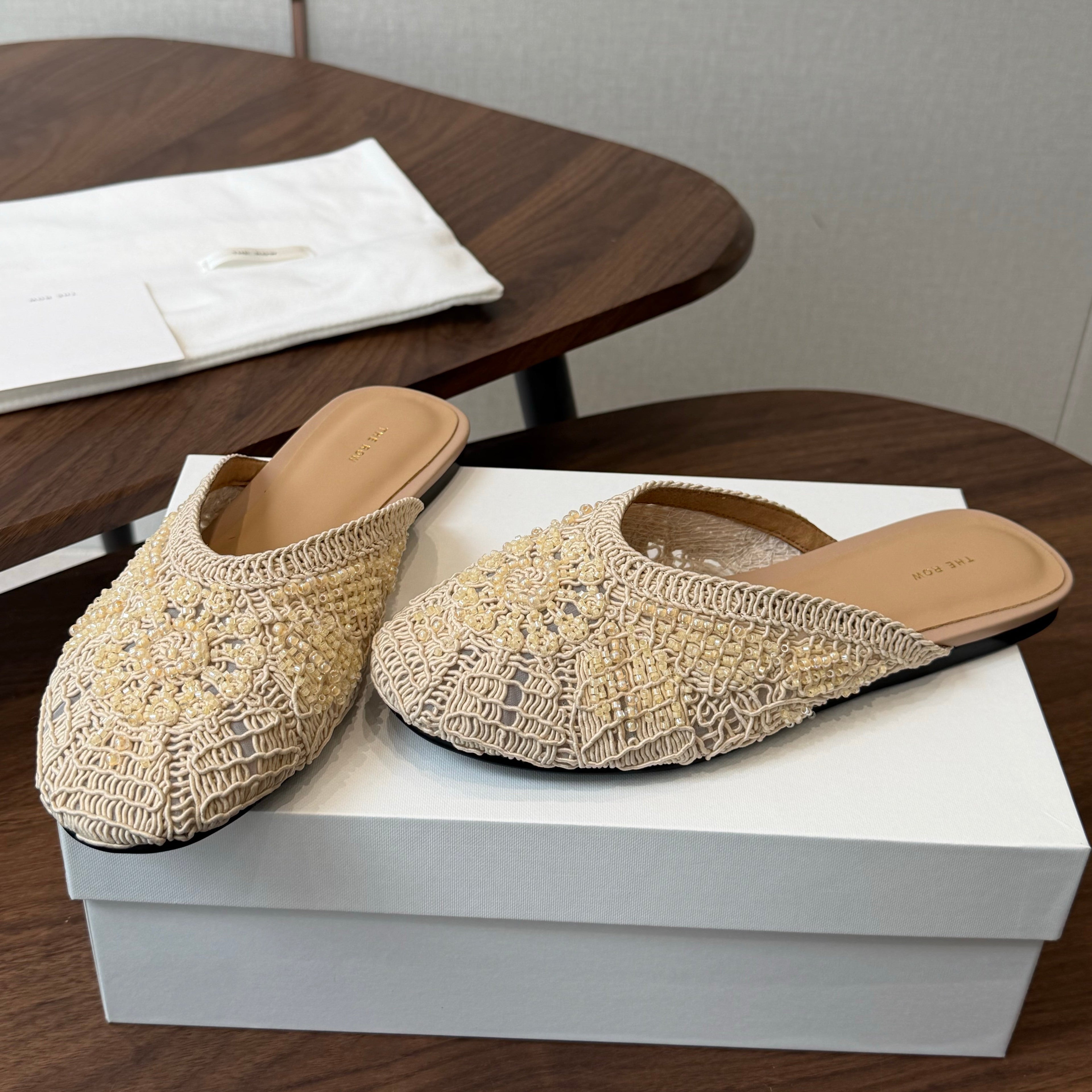 THE ROW 26S PEARL EMBELLISHED CROCHET MULE FLATS IN IVORY WHITE
