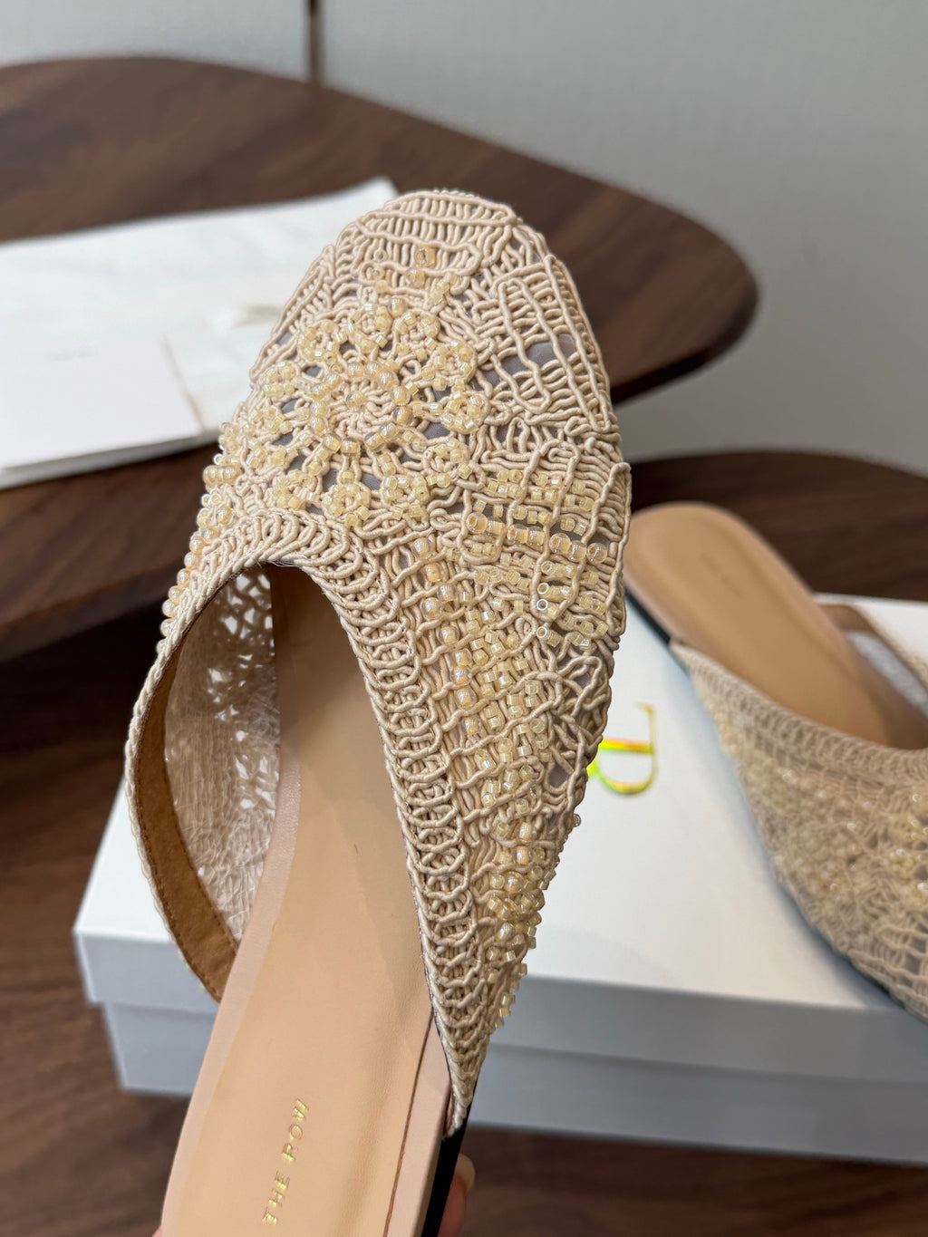 THE ROW 26S PEARL EMBELLISHED CROCHET MULE FLATS IN IVORY WHITE