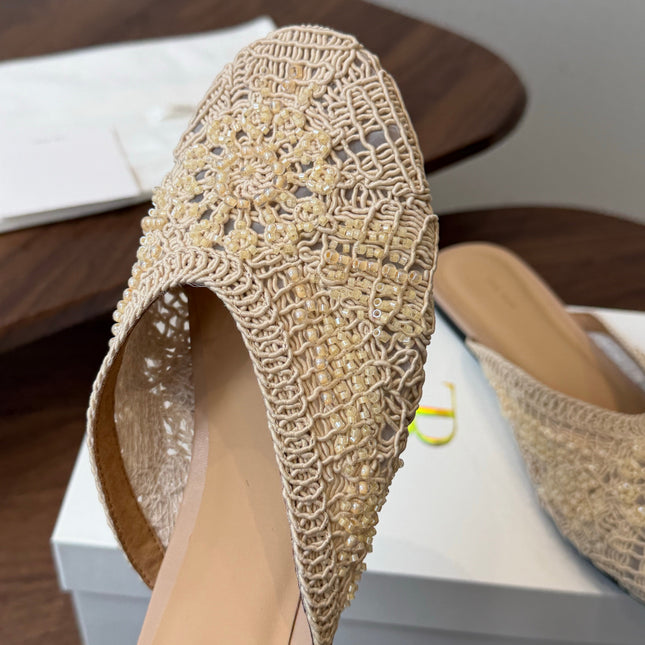 THE ROW 26S PEARL EMBELLISHED CROCHET MULE FLATS IN IVORY WHITE