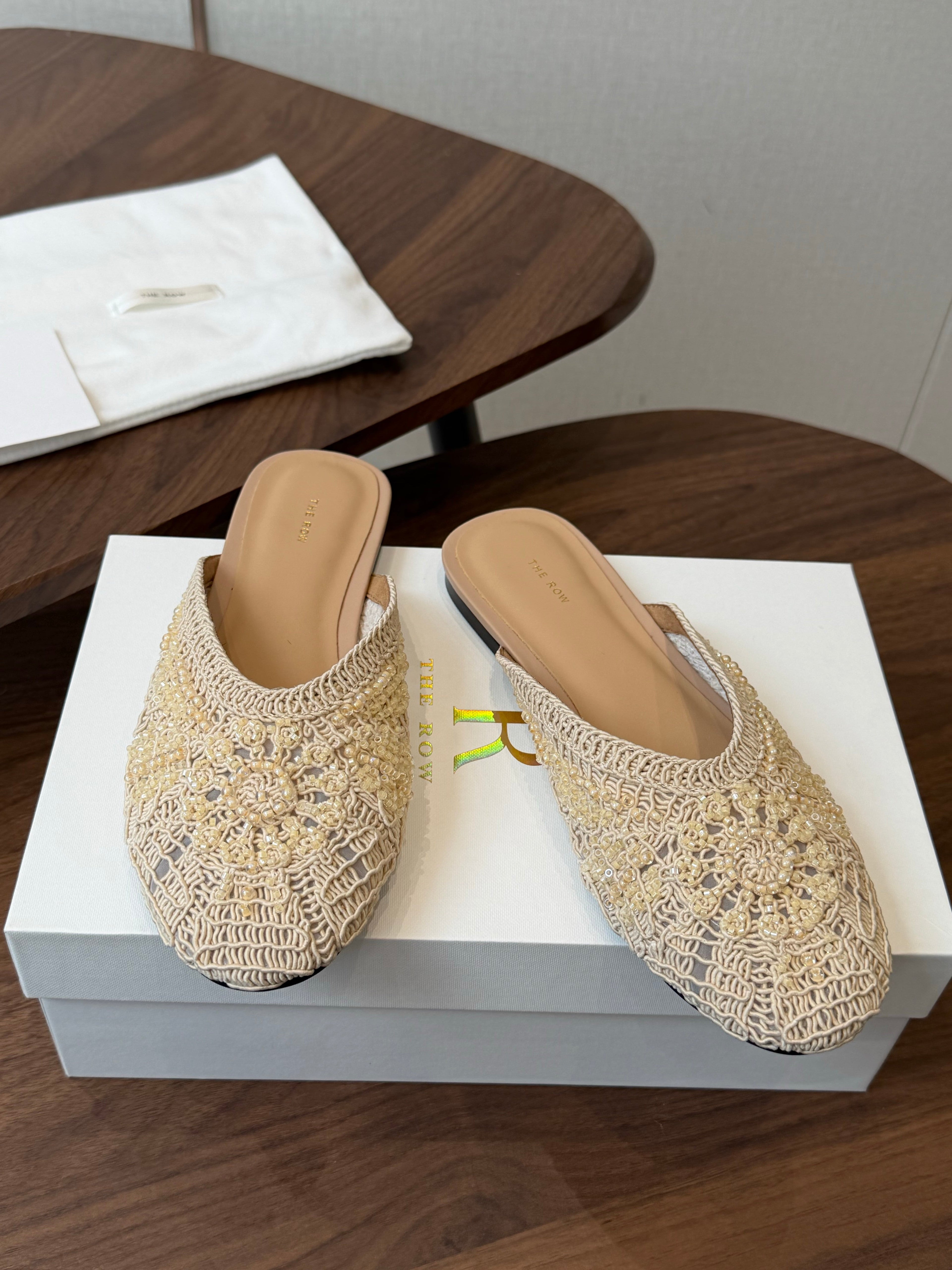 THE ROW 26S PEARL EMBELLISHED CROCHET MULE FLATS IN IVORY WHITE