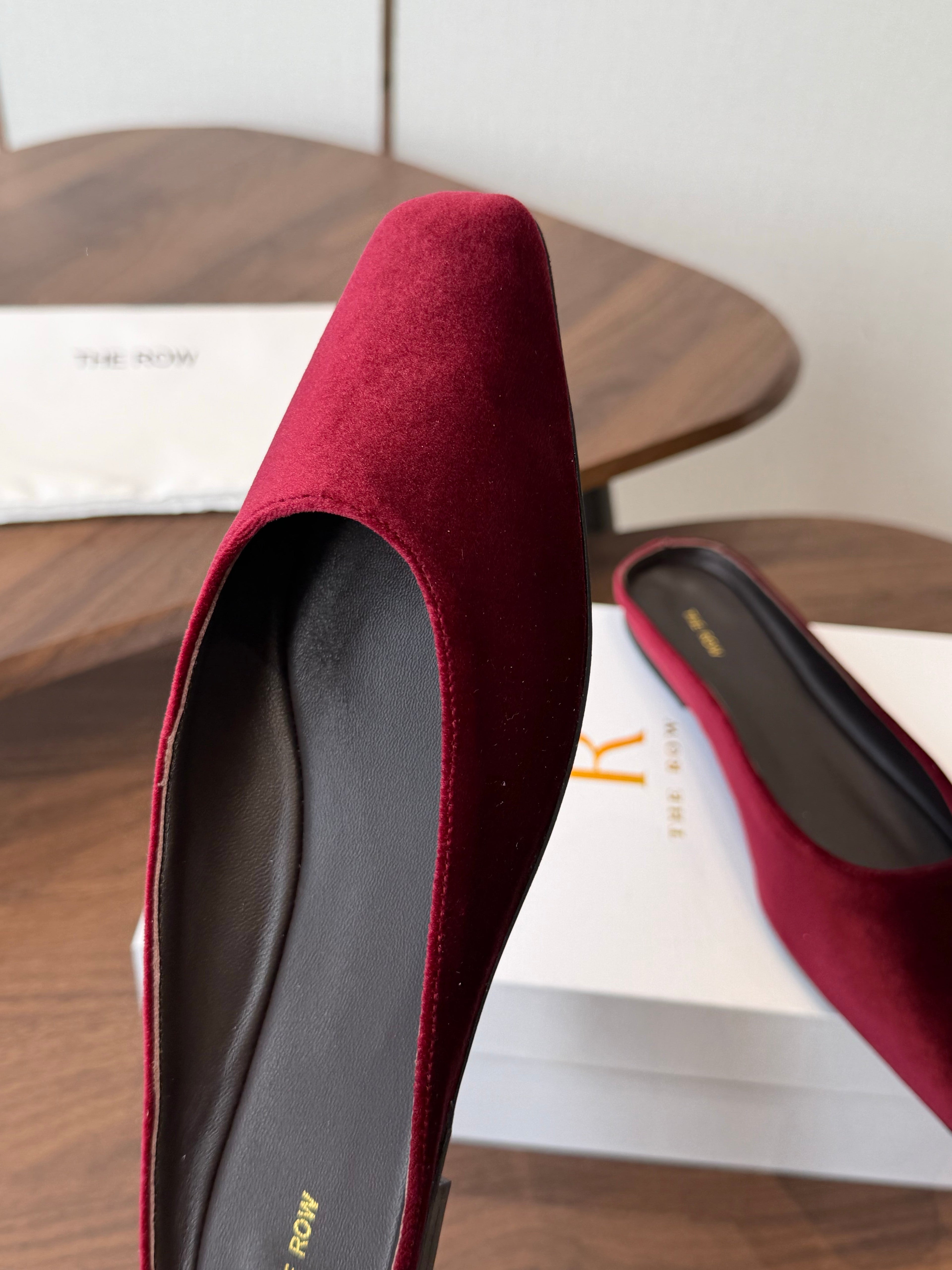 THE ROW 26S POINTED TOE MULES IN BURGUNDY RED VELVET