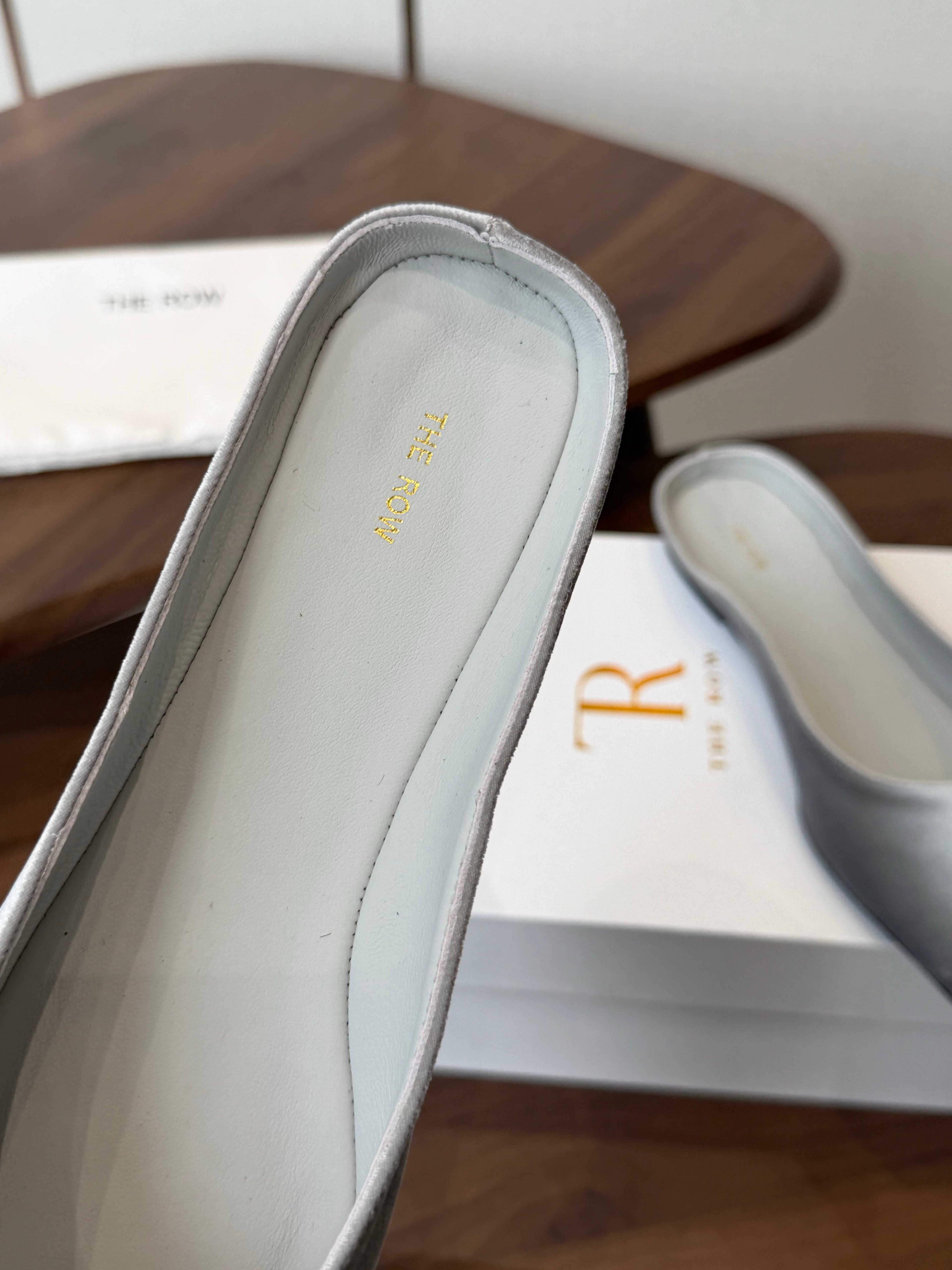THE ROW 26S POINTED TOE MULES IN LIGHT GREY VELVET