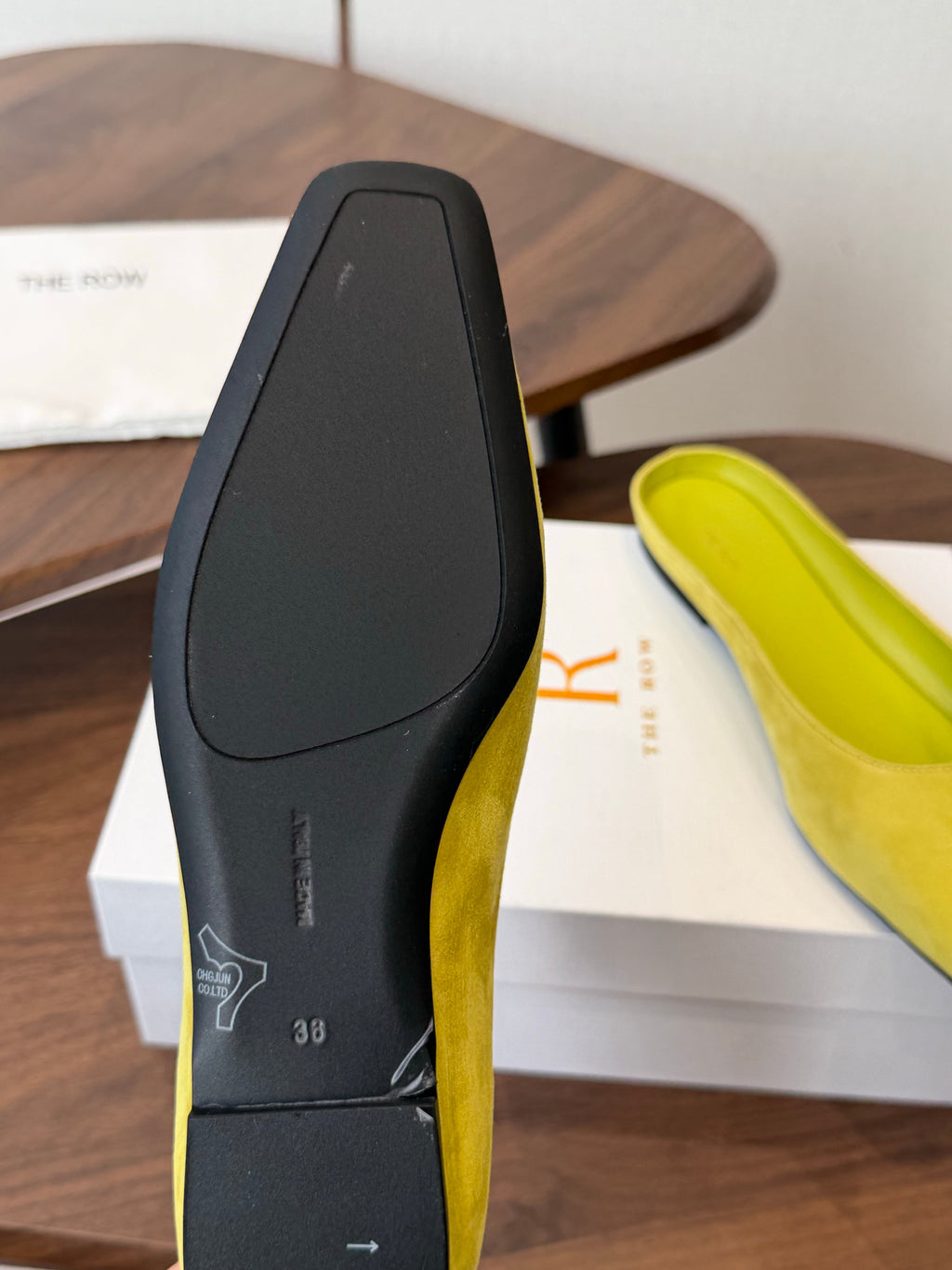THE ROW 26S POINTED TOE MULES IN LIME GREEN SUEDE