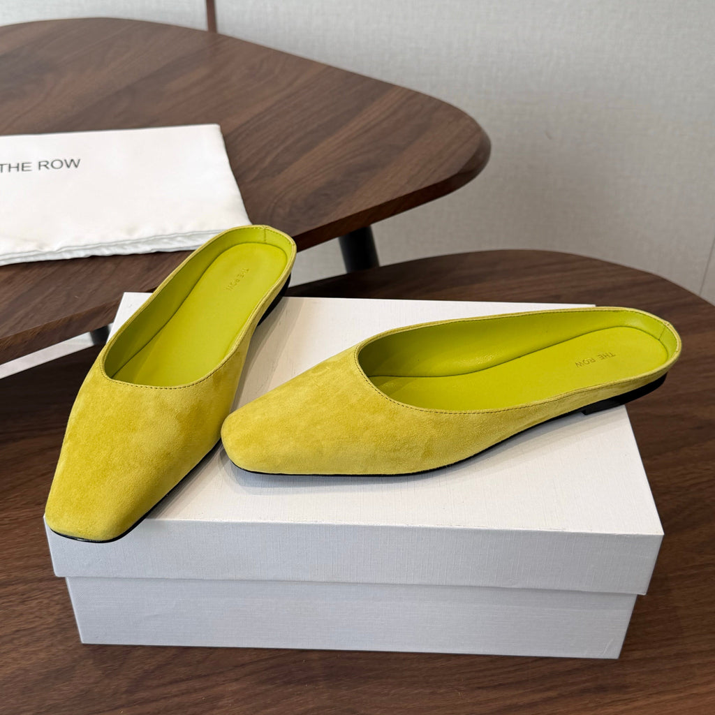 THE ROW 26S POINTED TOE MULES IN LIME GREEN SUEDE