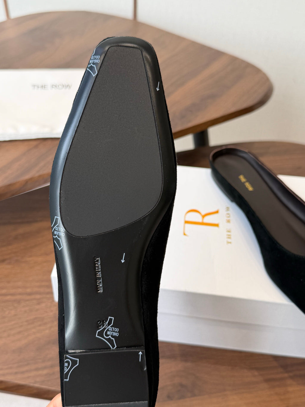 THE ROW 26S POINTED TOE MULES IN BLACK SUEDE