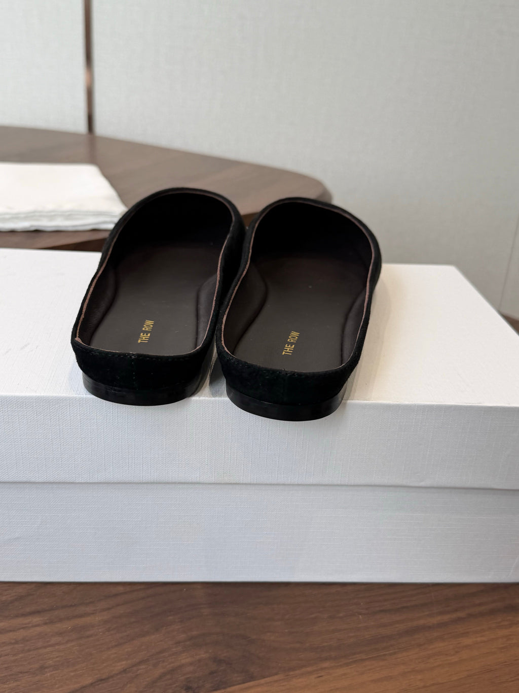 THE ROW 26S POINTED TOE MULES IN BLACK SUEDE