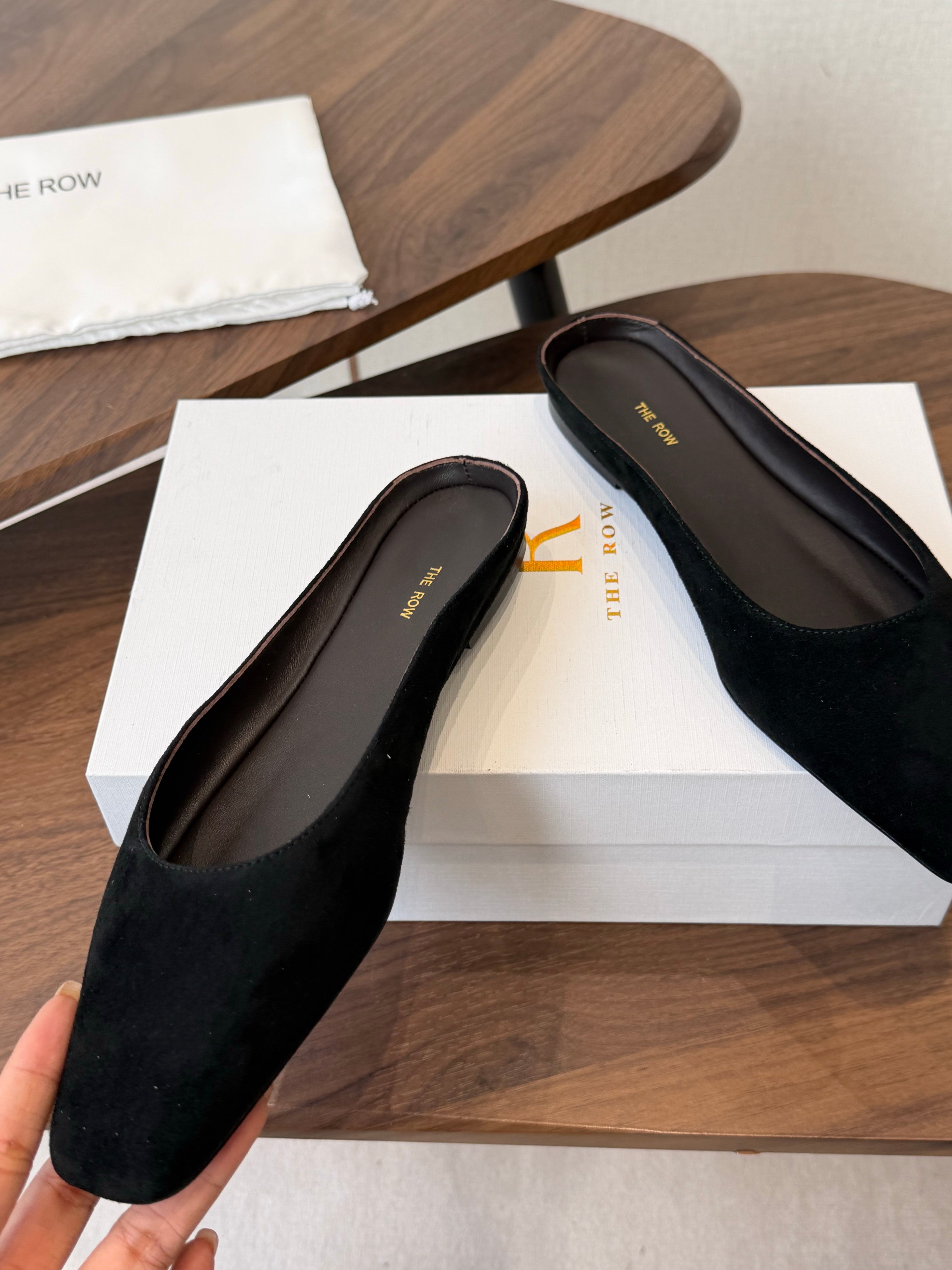 THE ROW 26S POINTED TOE MULES IN BLACK SUEDE