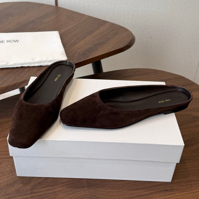 THE ROW 26S POINTED TOE MULES IN DARK BROWN SUEDE