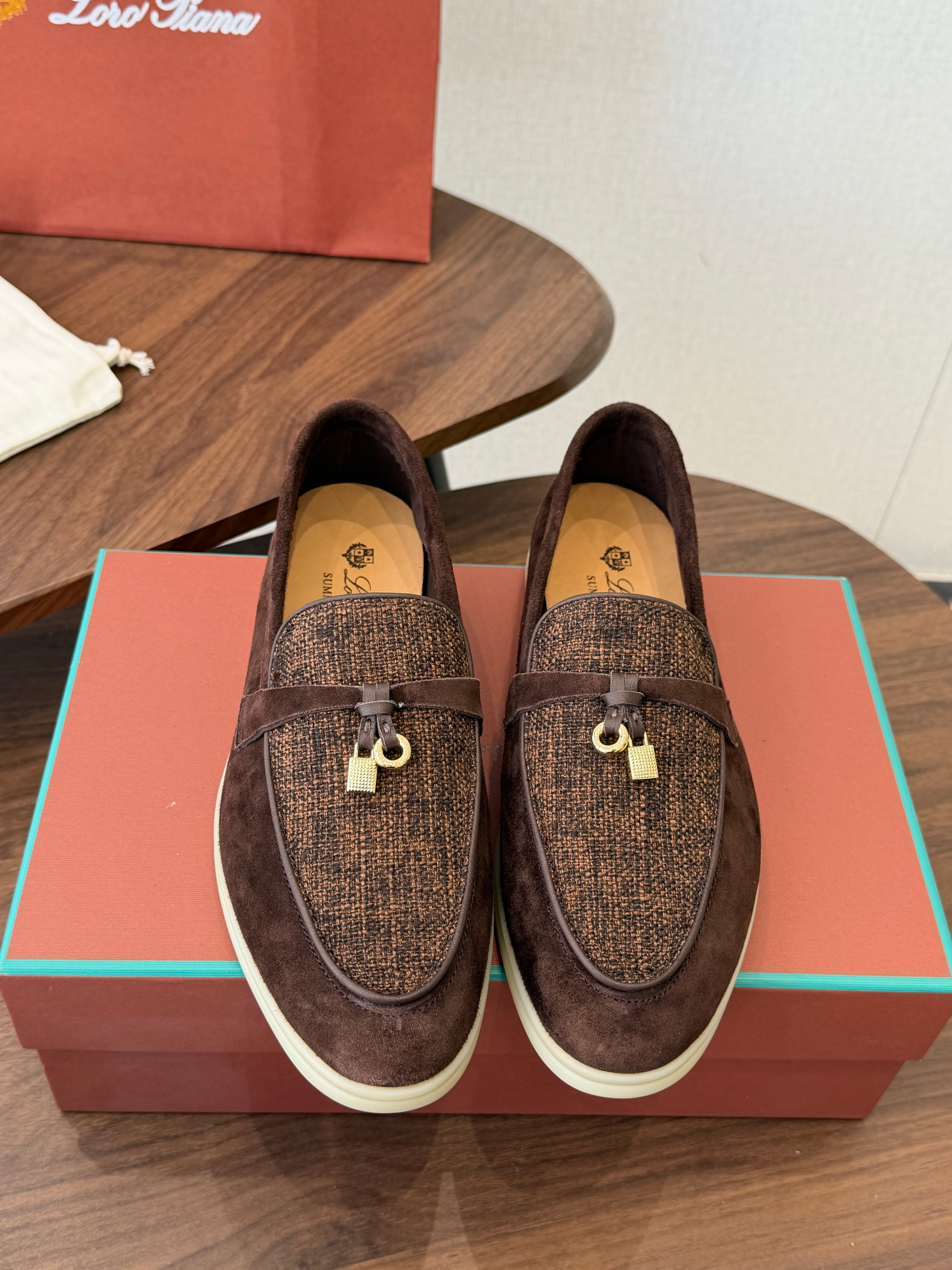 LP 26S LOAFERS IN DARK BROWN SUEDE & FABRIC GOLD HARDWARE
