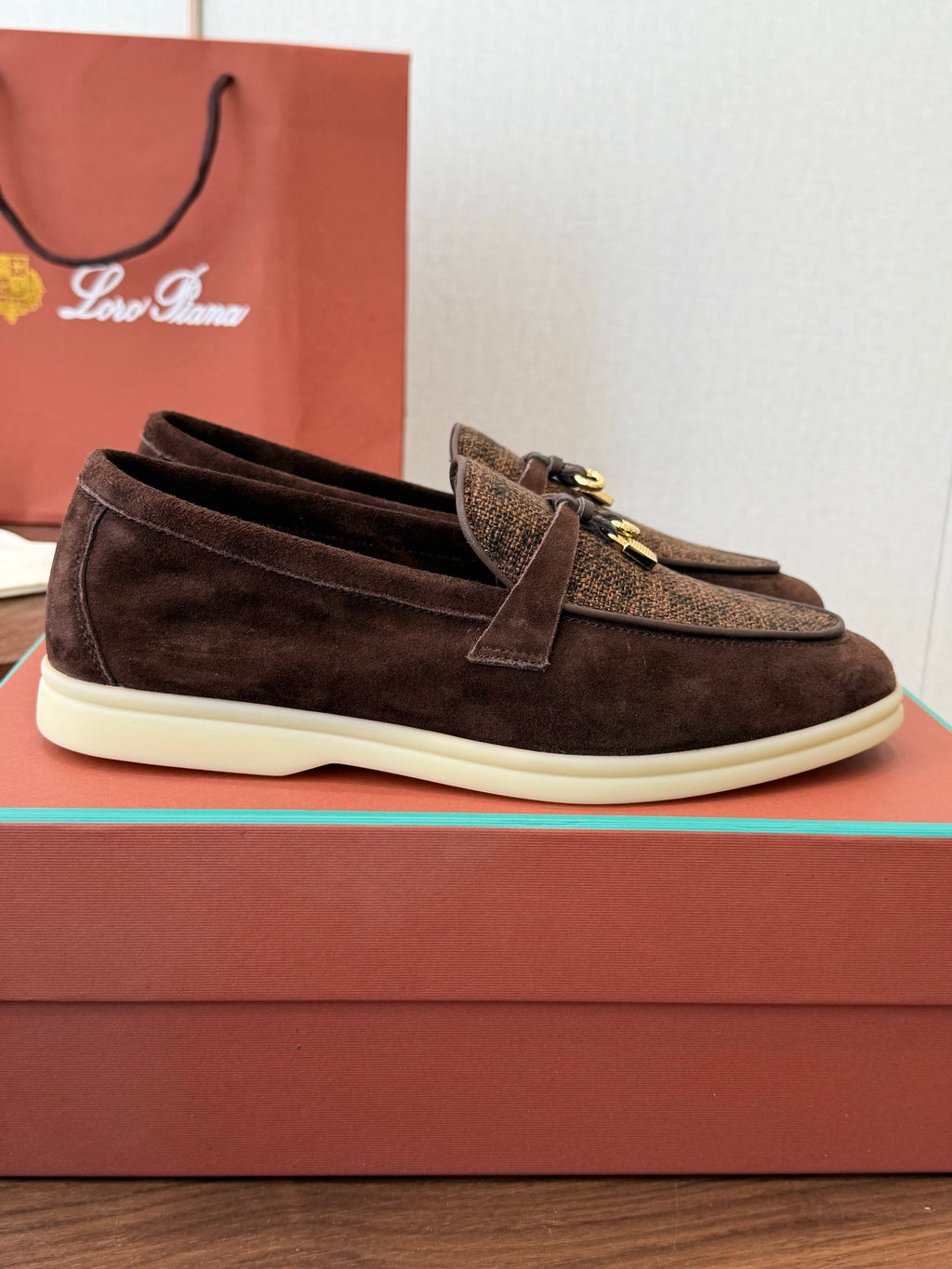 LP 26S LOAFERS IN DARK BROWN SUEDE & FABRIC GOLD HARDWARE