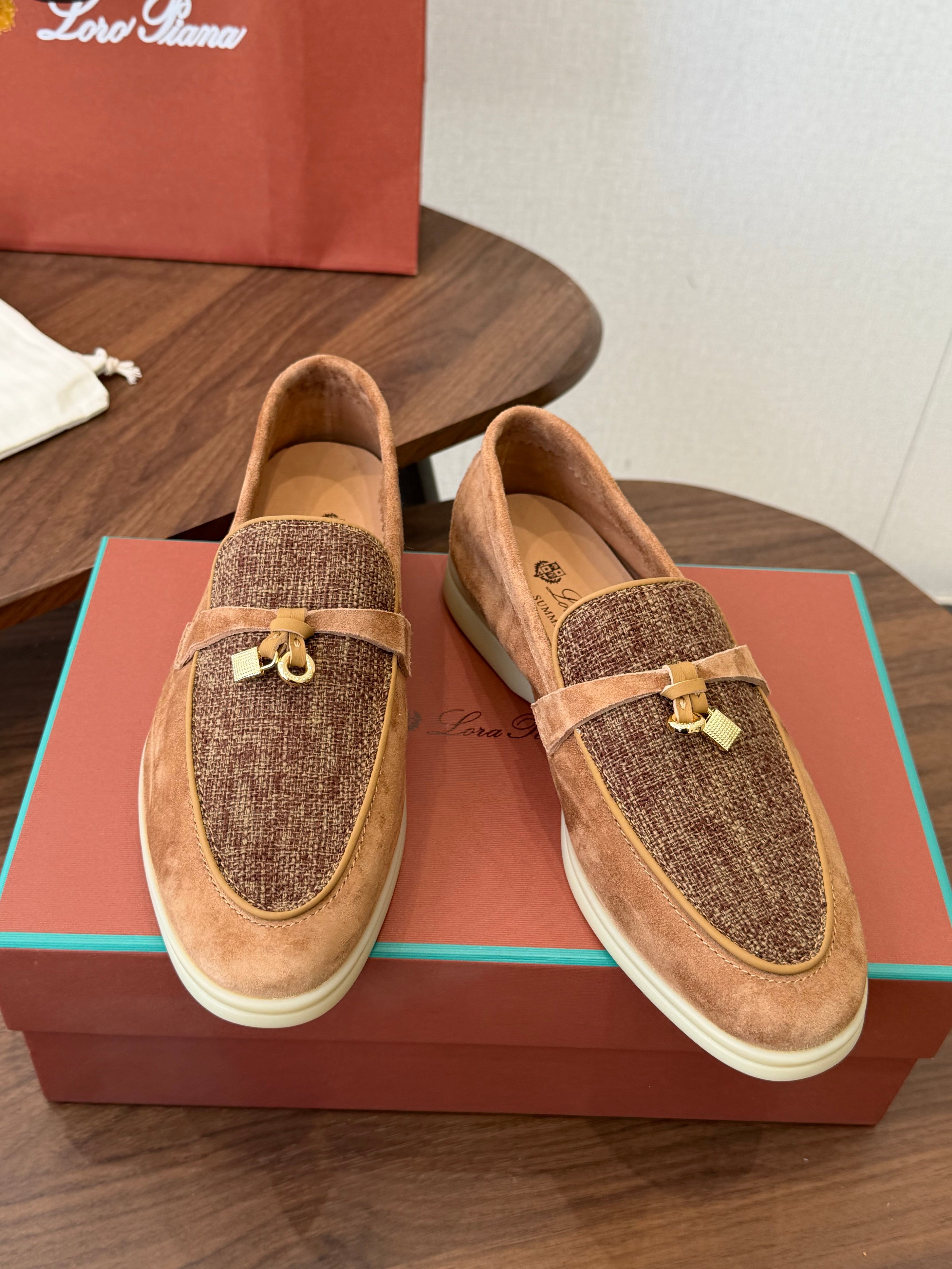 LP 26S LOAFERS IN CARAMEL BROWN SUEDE & FABRIC GOLD HARDWARE