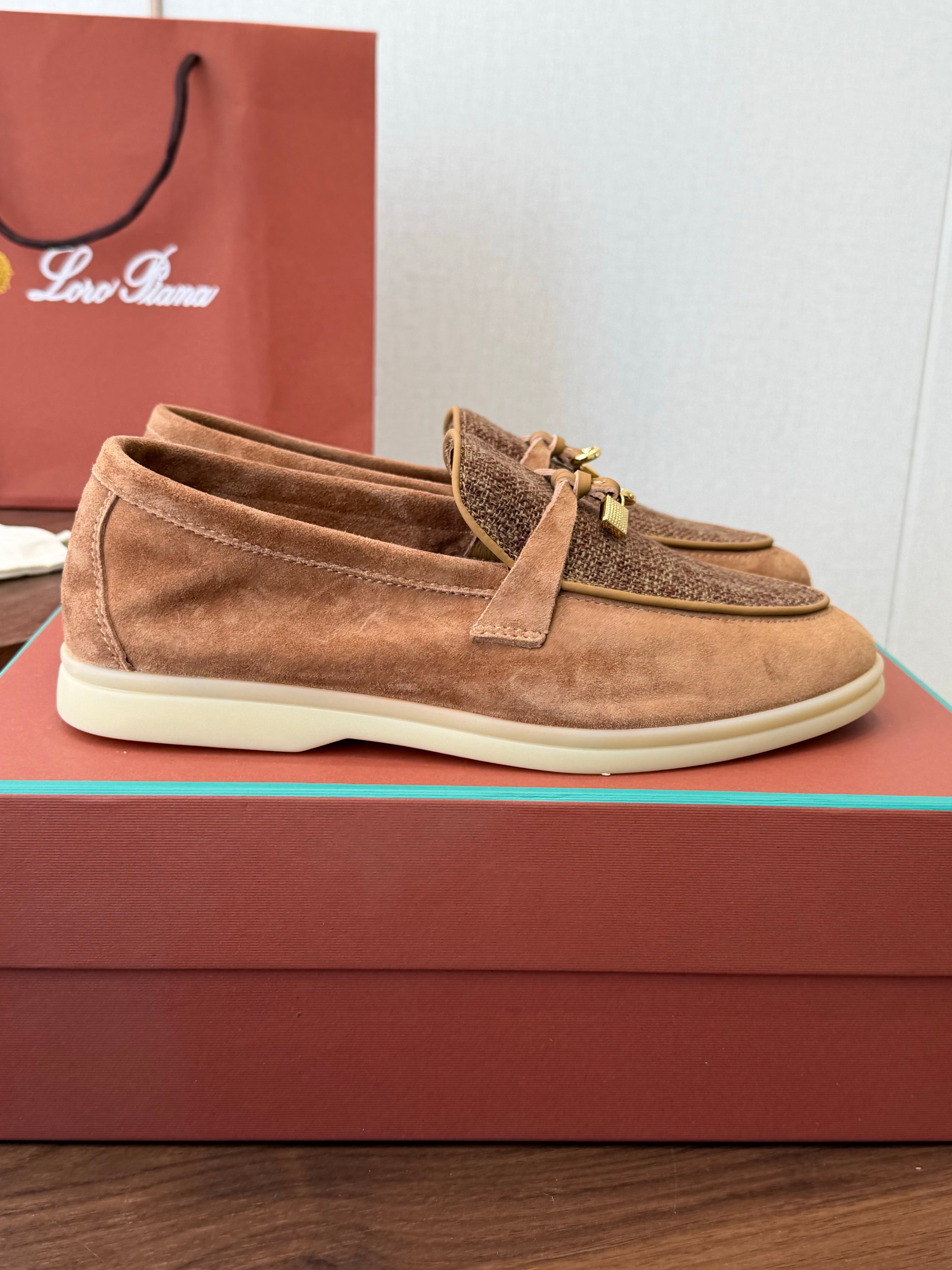 LP 26S LOAFERS IN CARAMEL BROWN SUEDE & FABRIC GOLD HARDWARE
