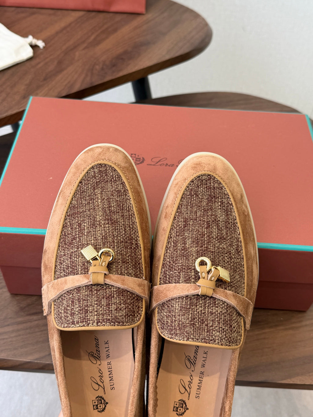 LP 26S LOAFERS IN CARAMEL BROWN SUEDE & FABRIC GOLD HARDWARE