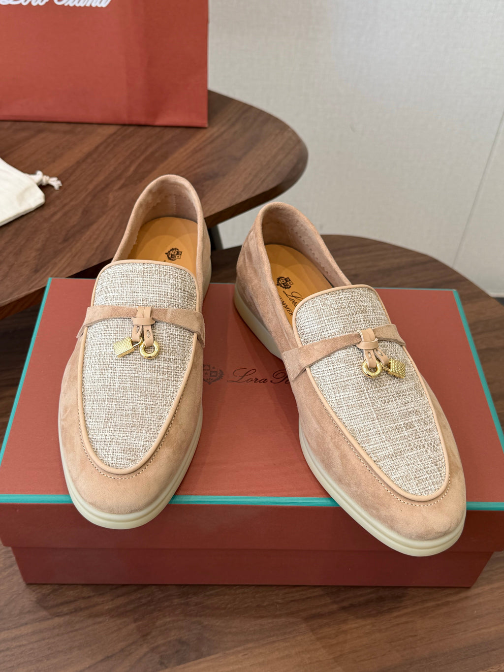LP 26S LOAFERS IN LIGHT BROWN SUEDE & FABRIC GOLD HARDWARE