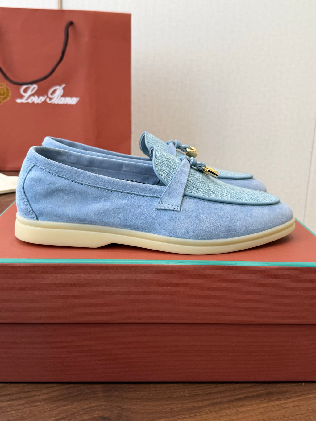 LP 26S LOAFERS IN LIGHT BLUE SUEDE & FABRIC GOLD HARDWARE