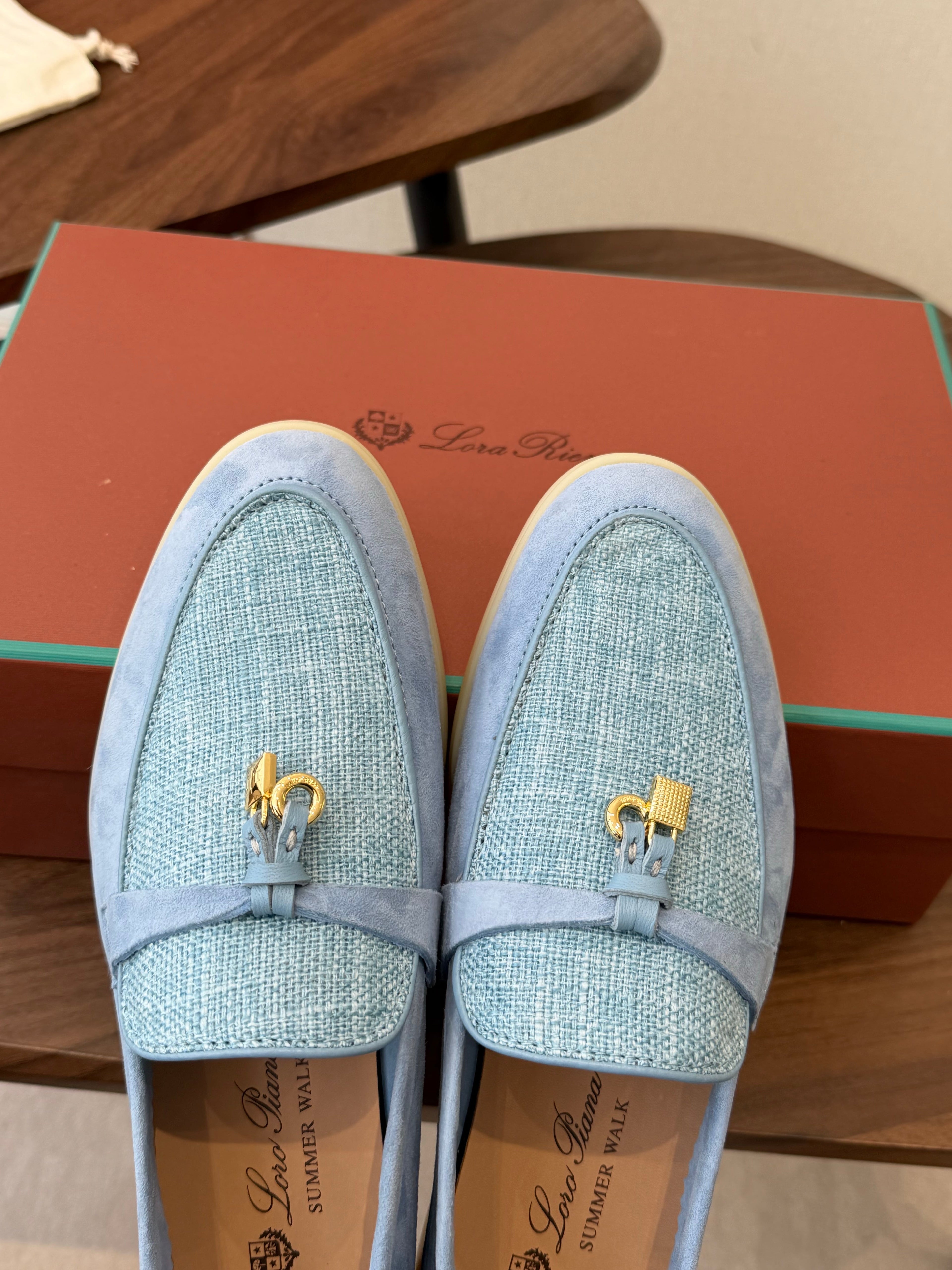 LP 26S LOAFERS IN LIGHT BLUE SUEDE & FABRIC GOLD HARDWARE
