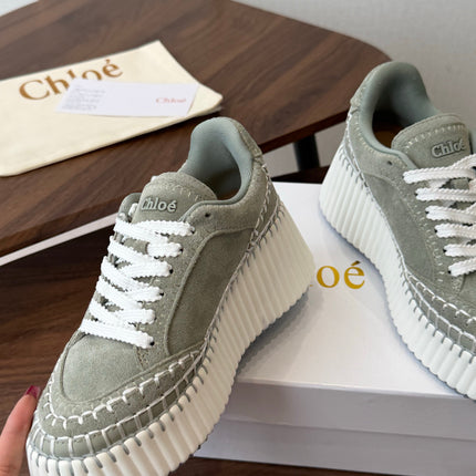 CHLOE 26S LACE-UP SNEAKERS IN DUSTY SAGE GREEN SUEDE