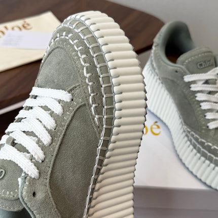 CHLOE 26S LACE-UP SNEAKERS IN DUSTY SAGE GREEN SUEDE