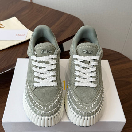 CHLOE 26S LACE-UP SNEAKERS IN DUSTY SAGE GREEN SUEDE