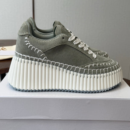 CHLOE 26S LACE-UP SNEAKERS IN DUSTY SAGE GREEN SUEDE