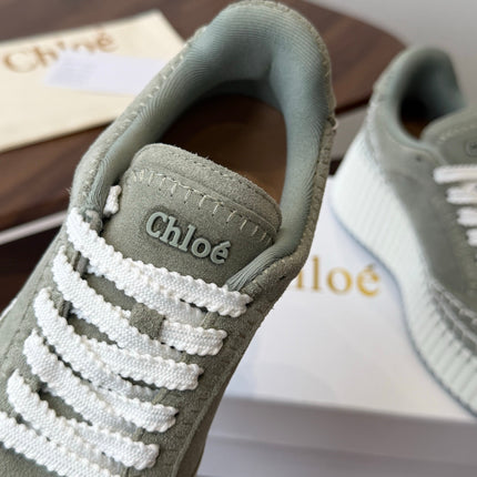 CHLOE 26S LACE-UP SNEAKERS IN DUSTY SAGE GREEN SUEDE