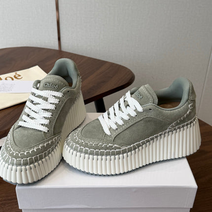 CHLOE 26S LACE-UP SNEAKERS IN DUSTY SAGE GREEN SUEDE