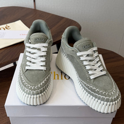 CHLOE 26S LACE-UP SNEAKERS IN DUSTY SAGE GREEN SUEDE