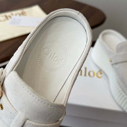 CHLOE 26S PLATFORM MULES IN WHITE SUEDE