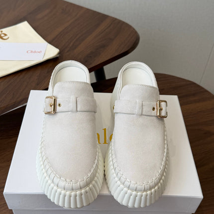CHLOE 26S PLATFORM MULES IN WHITE SUEDE