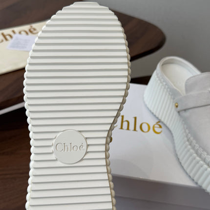 CHLOE 26S PLATFORM MULES IN WHITE SUEDE