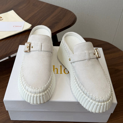 CHLOE 26S PLATFORM MULES IN WHITE SUEDE