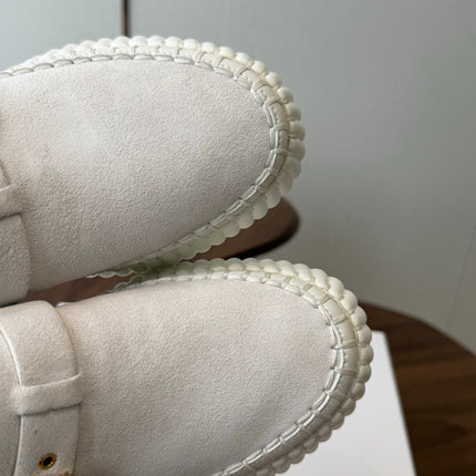 CHLOE 26S PLATFORM MULES IN WHITE SUEDE