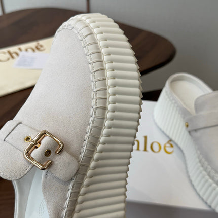 CHLOE 26S PLATFORM MULES IN WHITE SUEDE
