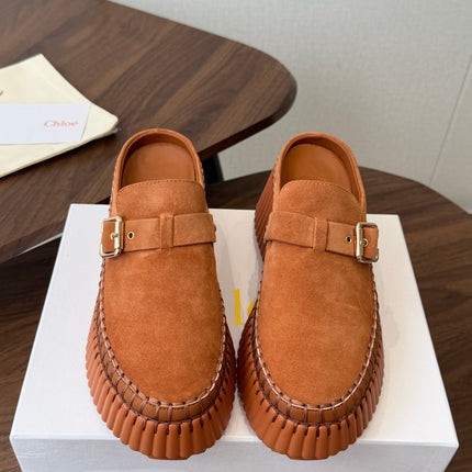 CHLOE 26S PLATFORM MULES IN BROWN SUEDE