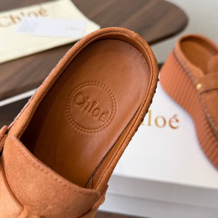 CHLOE 26S PLATFORM MULES IN BROWN SUEDE