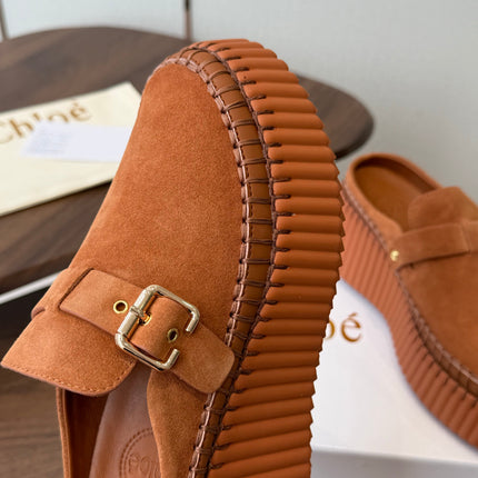 CHLOE 26S PLATFORM MULES IN BROWN SUEDE