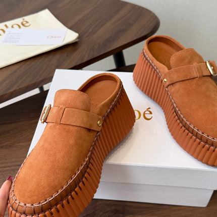 CHLOE 26S PLATFORM MULES IN BROWN SUEDE
