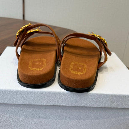 DIOR 26S MEDAILLON BUCKLE SLIDE IN CARAMEL BROWN SUEDE GOLD HARDWARE
